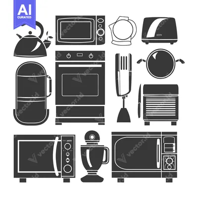 Aset desain premium: A Collection of Kitchen Appliances in Black and White
