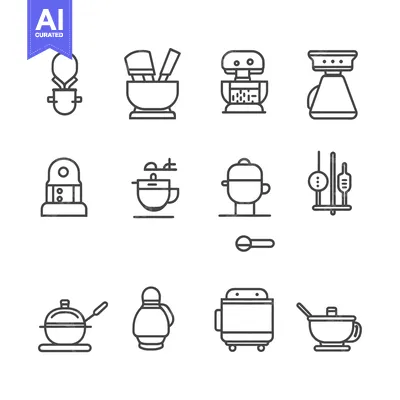 Aset premium populer: A Collection of Kitchen Utensil and Appliance Line Icons