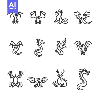 Aset desain premium: A Collection of Line Art Dragon Illustrations in Various Poses