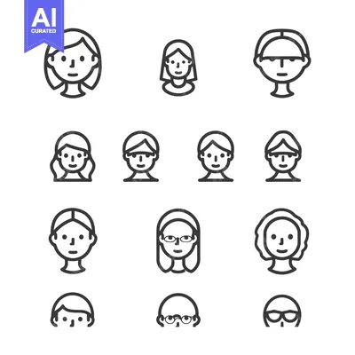 Aset premium populer: A Collection of Line Art Icons Depicting Different Hairstyles and Faci