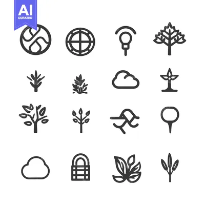 Aset premium populer: A Collection of Line Art Icons Depicting Nature and Objects