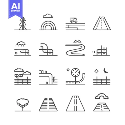 Aset premium populer: A Collection of Line Art Icons Depicting Road and Landscape Elements