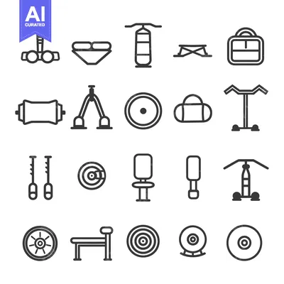 Aset desain premium: A Collection of Line Art Icons Depicting Various Gym Equipment