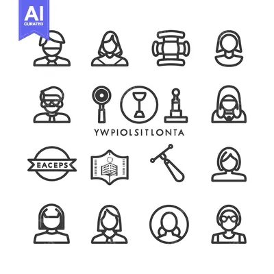 Aset desain premium: A Collection of Line Art Icons Depicting Various People and Objects