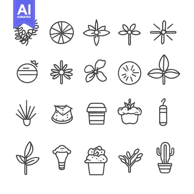 A Collection of Line Art Icons Depicting Various Plant and Flower Desi