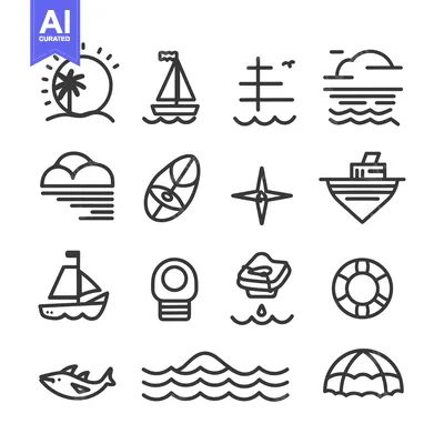 Aset desain premium: A Collection of Line Art Icons Representing Ocean and Sea Activities
