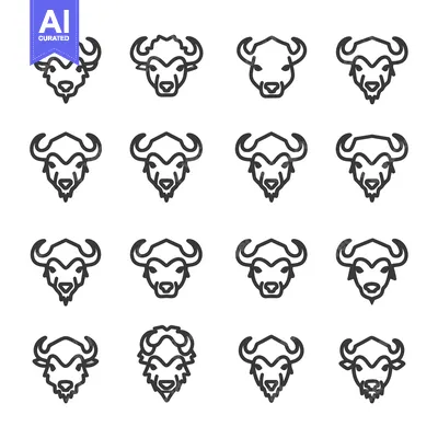 Aset desain premium: A Collection of  Line Art Illustrations Depicting Buffalo Heads