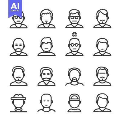 Aset premium populer: A Collection of Line-Art Male Avatar Icons
