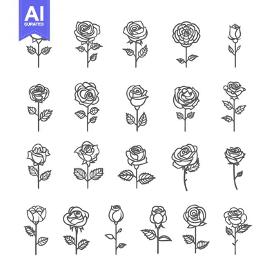 Aset premium populer: A Collection of Line Art Rose Illustrations