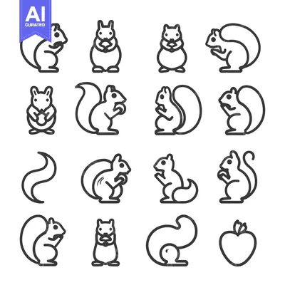 Aset premium populer: A Collection of Line Art Squirrel Illustrations with an Apple