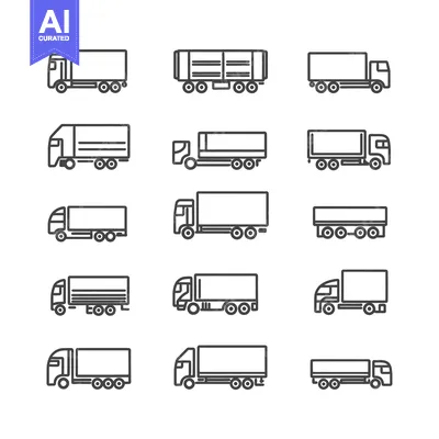 Aset desain premium: A Collection of Line Art Truck Icons in Side View