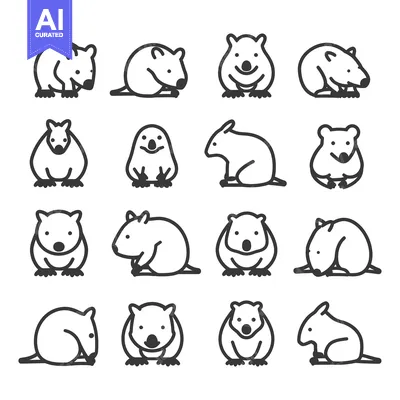 Aset desain premium: A Collection of Line Art Wombat Illustrations