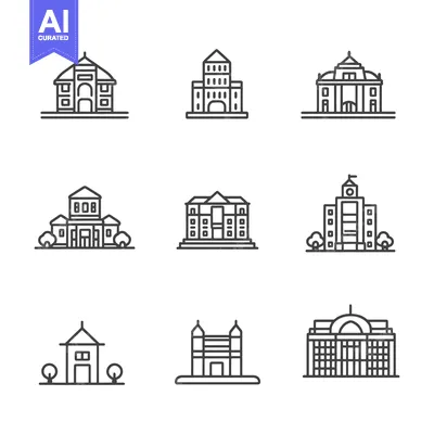 Aset premium populer: A Collection of Line Drawings Depicting Different Styles of Buildings