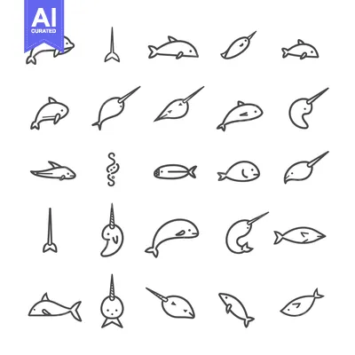Aset desain premium: A Collection of Line Drawings Depicting Various Aquatic Creatures
