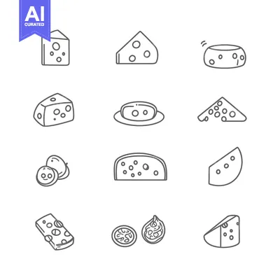 Aset desain premium: A Collection of Line Drawings Depicting Various Cheese Shapes and Cuts
