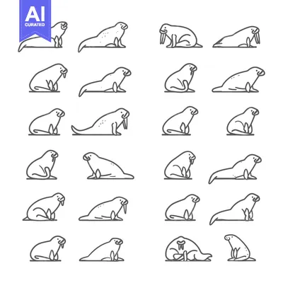 Aset desain premium: A Collection of Line Drawings Depicting Walruses in Various Poses