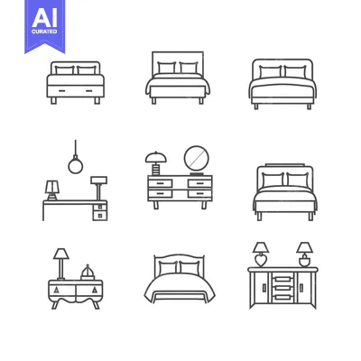 Aset premium populer: A Collection of Line Drawings Illustrating Bedroom Furniture and Acces