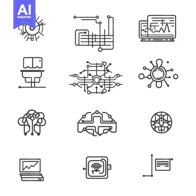 Aset desain premium: A Collection of Line Drawings Representing Technology and Data