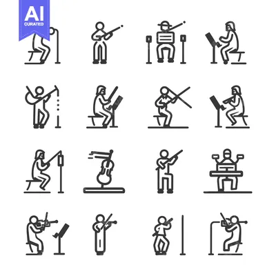 Aset desain premium: A collection of line icons depicting people playing various instrument