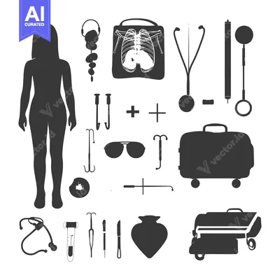Aset premium populer: A Collection of Medical Equipment and Accessories in Silhouette