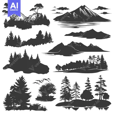 A Collection of Mountain, Forest, and Water Silhouettes