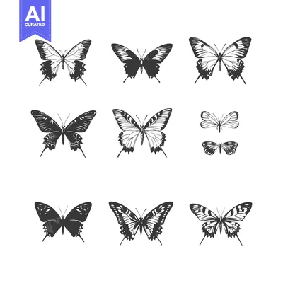 Aset desain premium: A Collection of Nine Black and White Butterfly Illustrations