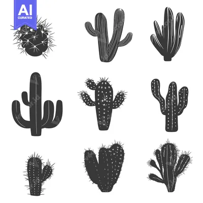 Aset desain premium: A Collection of Nine Black and White Cactus Silhouettes