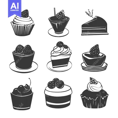 Aset premium populer: A Collection of Nine Black and White Dessert Silhouettes
