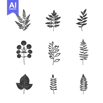 Aset desain premium: A Collection of Nine Black and White Floral Silhouettes