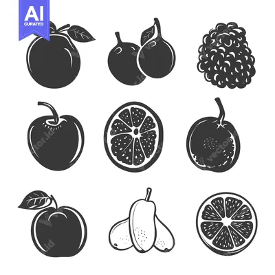 Aset desain premium: A Collection of Nine Black and White Fruits and Berries