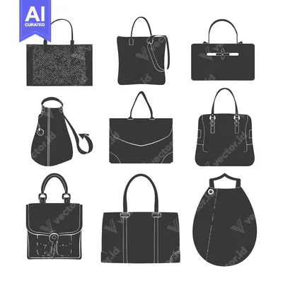 A Collection of Nine Black and White Hand-Drawn Bag Silhouettes