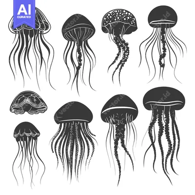 Aset desain premium: A Collection of Nine Black and White Jellyfish Silhouettes