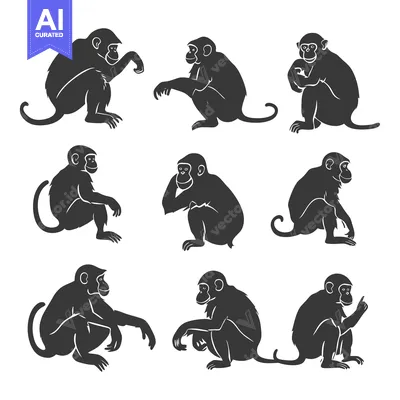 Popular premium asset: A Collection of Nine Black and White Monkey Silhouettes