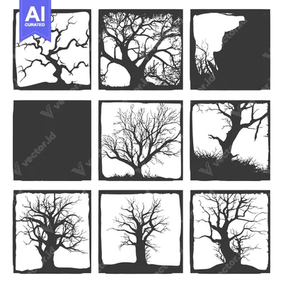 Aset premium populer: A Collection of Nine Black and White Silhouettes of Bare Trees