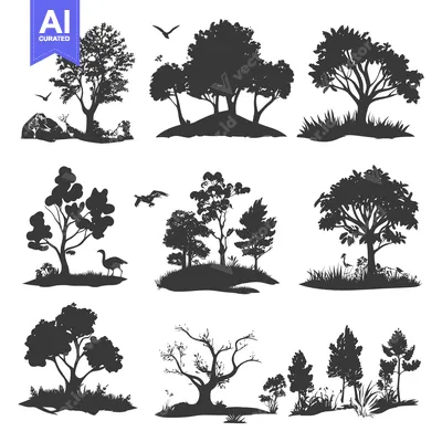A Collection of Nine Black and White Silhouettes of Trees, Birds, and