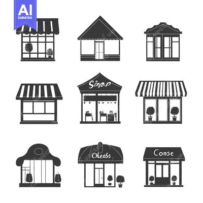 Popular premium asset: A Collection of Nine Black and White Store Facade Silhouettes