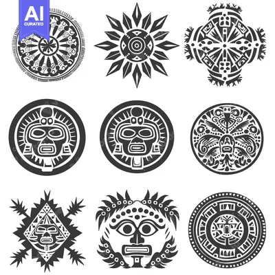 Aset desain premium: A Collection of Nine Black and White Tribal Masks and Symbols