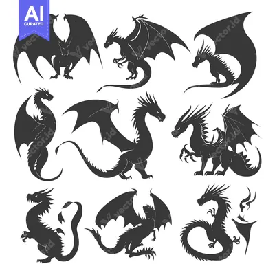 Aset premium populer: A Collection of Nine Black Dragon Silhouettes