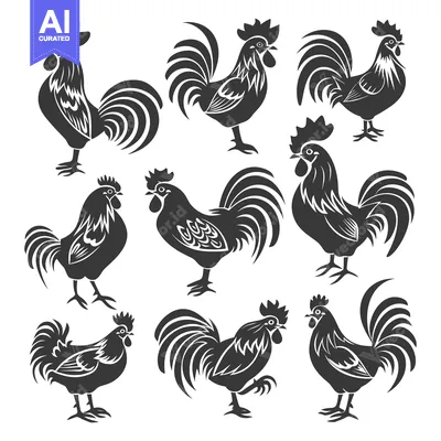 Aset premium populer: A collection of nine black rooster silhouettes in various poses