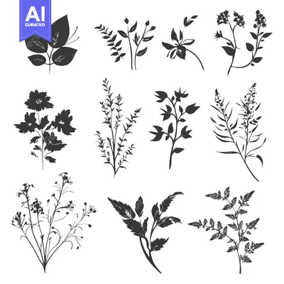 Aset desain premium: A Collection of Nine Black Silhouette Botanical Illustrations