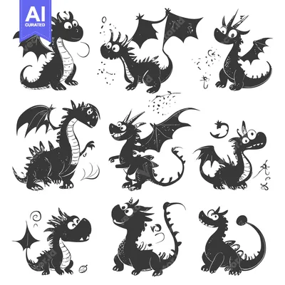 A Collection of Nine Cartoon Dragon Silhouettes