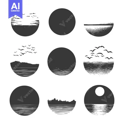 Aset desain premium: A Collection of Nine Circular Landscapes Featuring Birds, Mountains, a