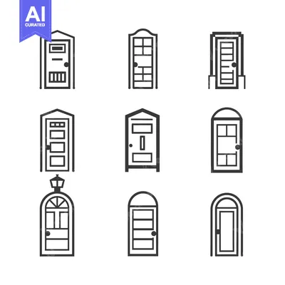 Aset desain premium: A Collection of Nine Different Door Styles in Black and White Outline