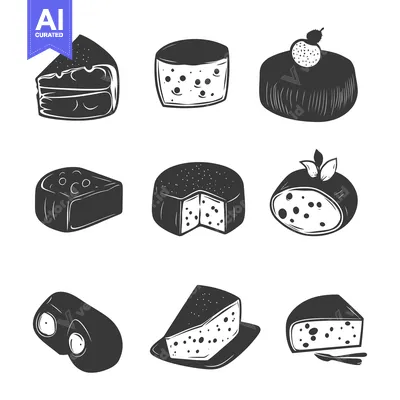 Aset premium populer: A Collection of Nine Different Types of Cheese in Black and White Silh