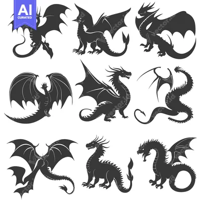 Aset premium populer: A Collection of Nine Dragon Silhouettes with Wings, Tails, and Claws