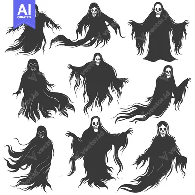 Aset desain premium: A Collection of Nine Ghost Silhouettes with Exposed Skulls