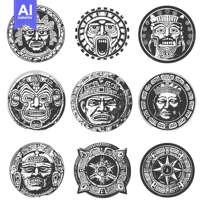Aset desain premium: A Collection of Nine Ornate Circular Designs Featuring Faces and Symbo