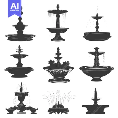 Aset desain premium: A Collection of Nine Silhouettes of Ornate Fountains