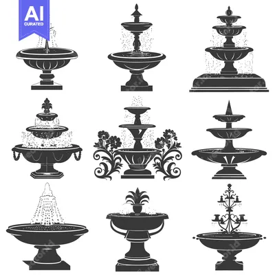Premium design asset: A Collection of Nine Silhouettes of Ornate Fountains