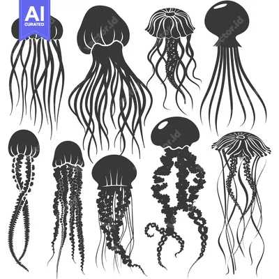 A Collection of Nine Stylized Black and White Jellyfish Silhouettes